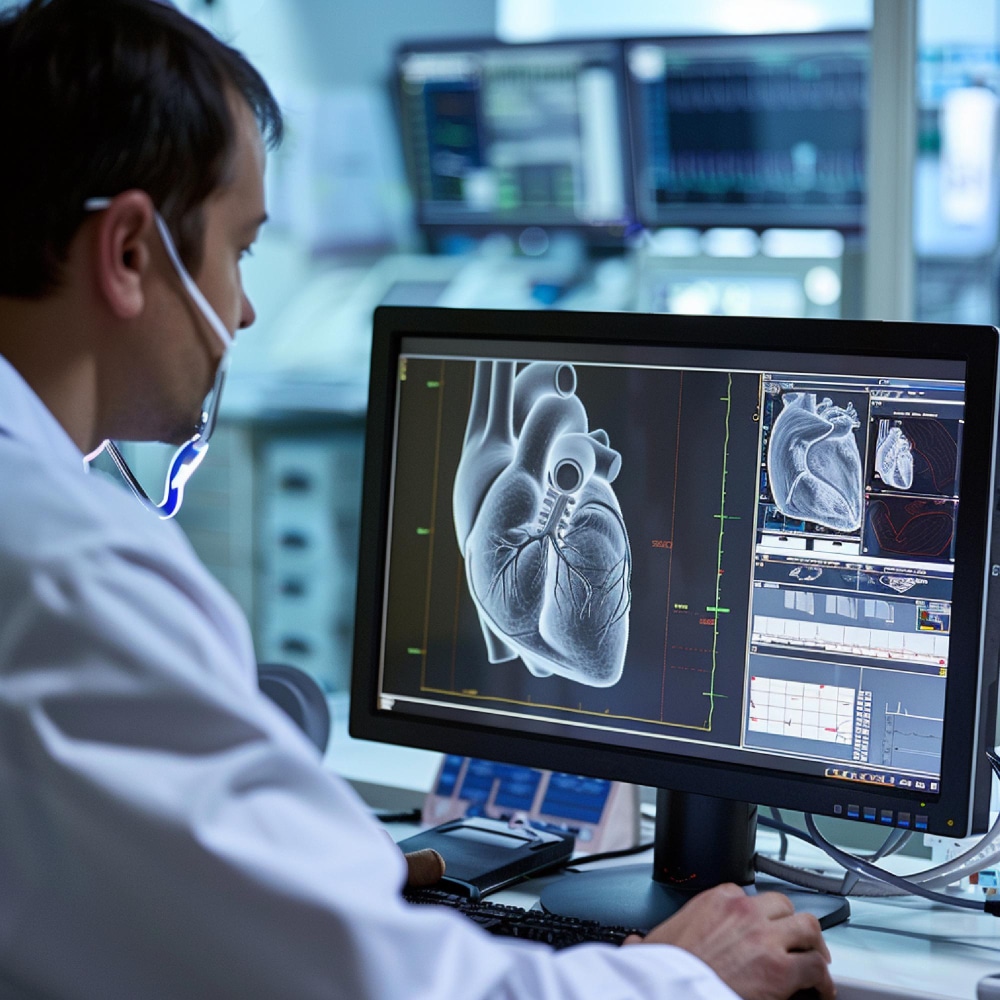 Medical professional analyzing heart images.