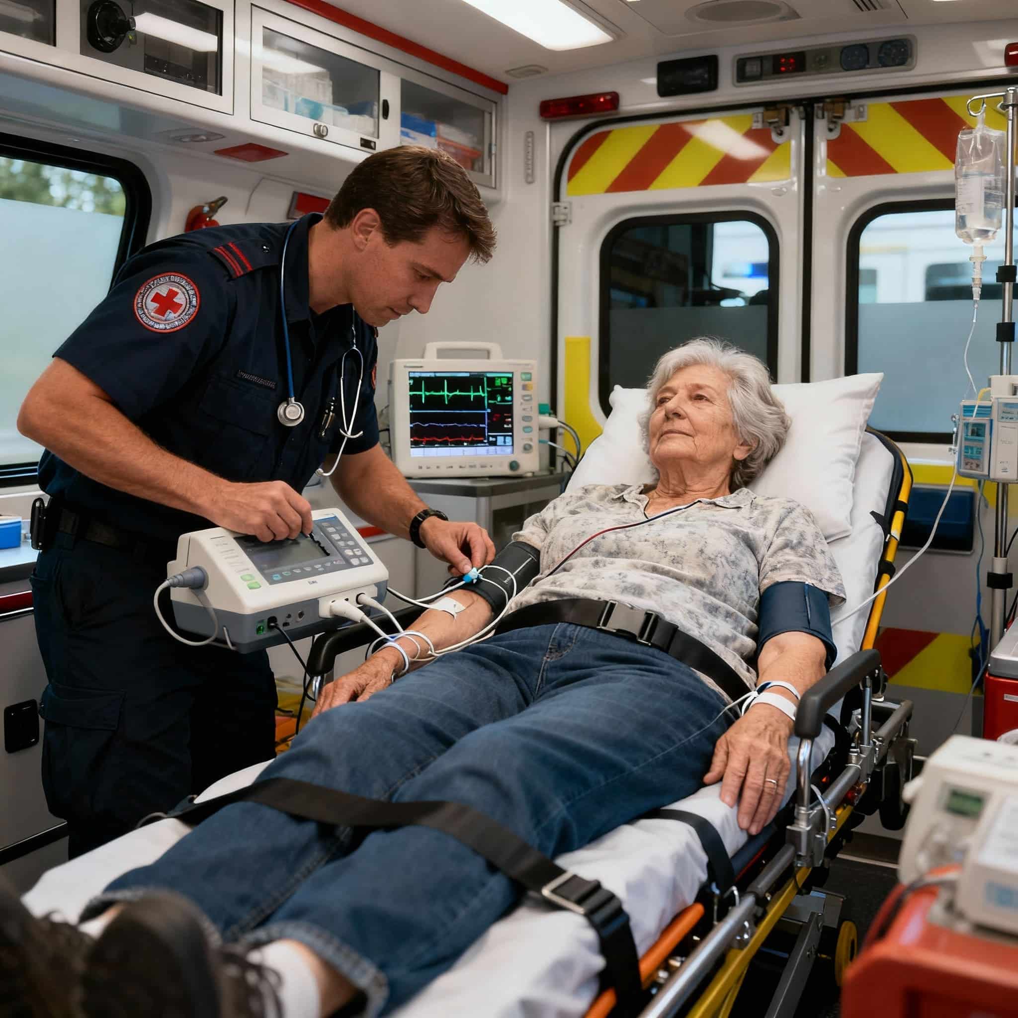 Paramedic assisting elderly woman in ambulance.