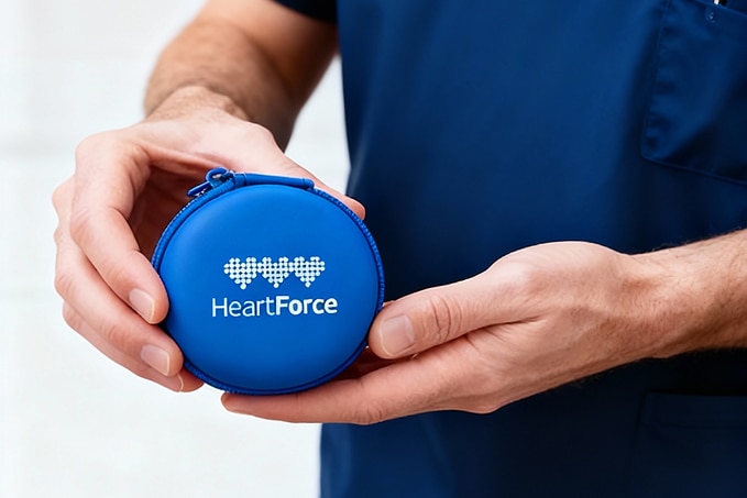 Healthcare professional holding HeartForce medical device CardioClin blue case