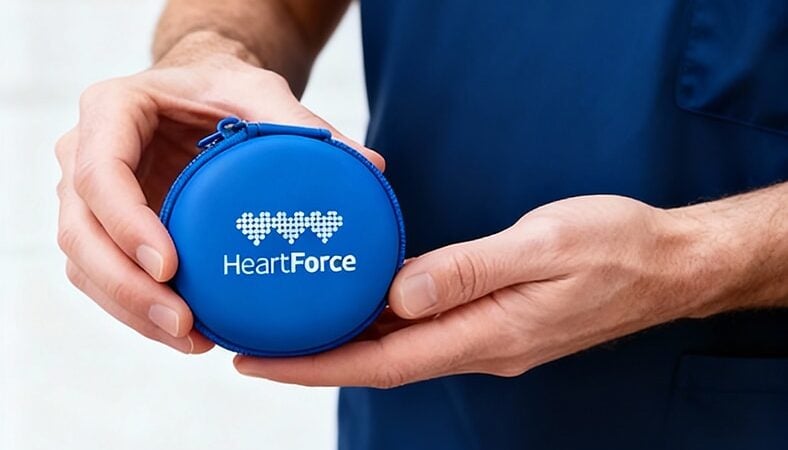 Nurse holding blue pouch case for HeartForce CAD screening tool