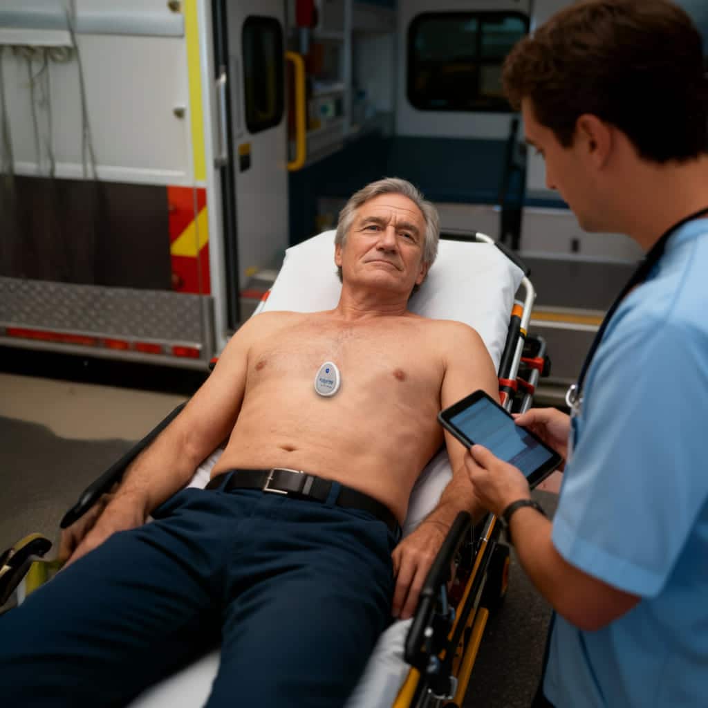 older man in ambulance tested for CAD risk with CardioClin device