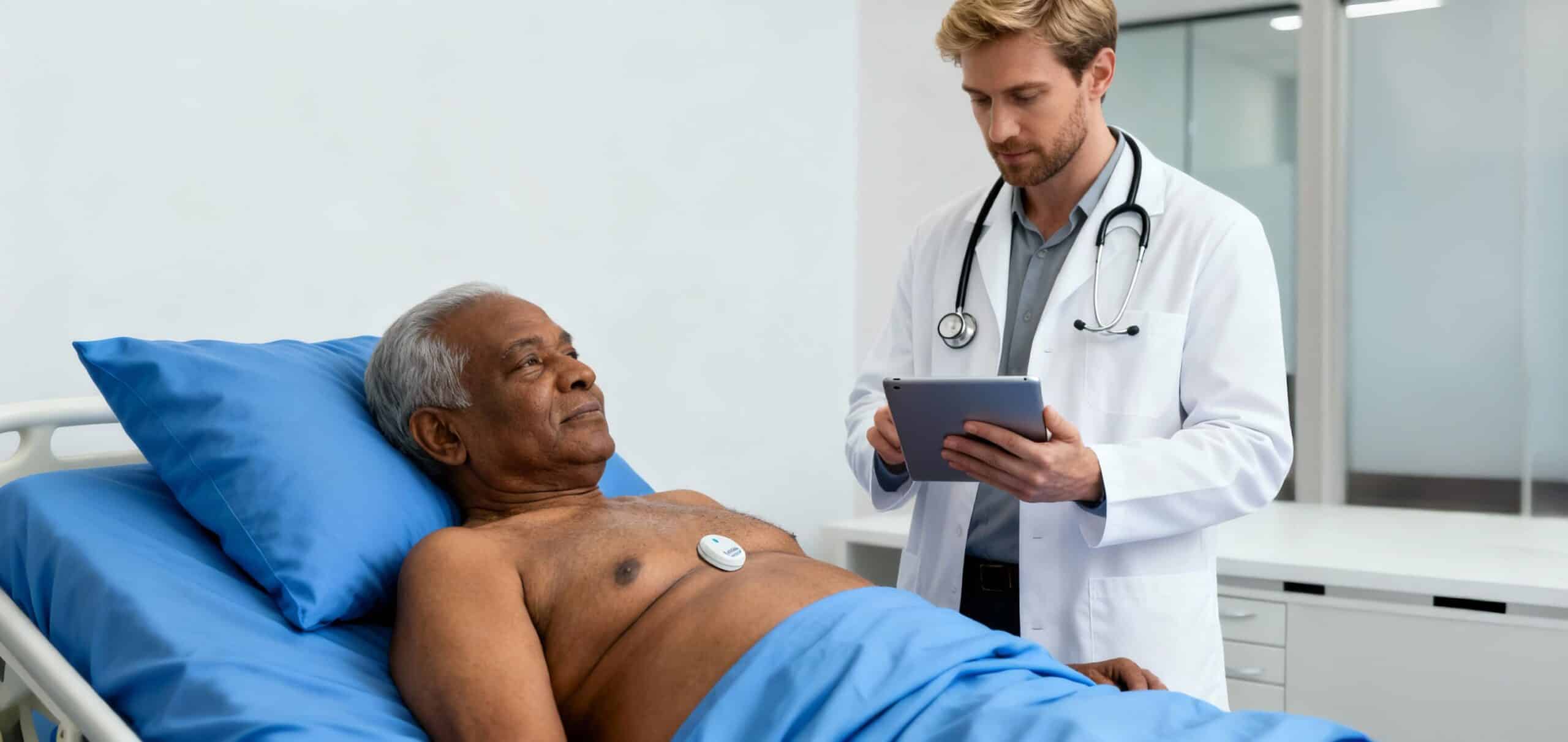 doctor looking at tablet with patient in hospital bed with cad risk testing device