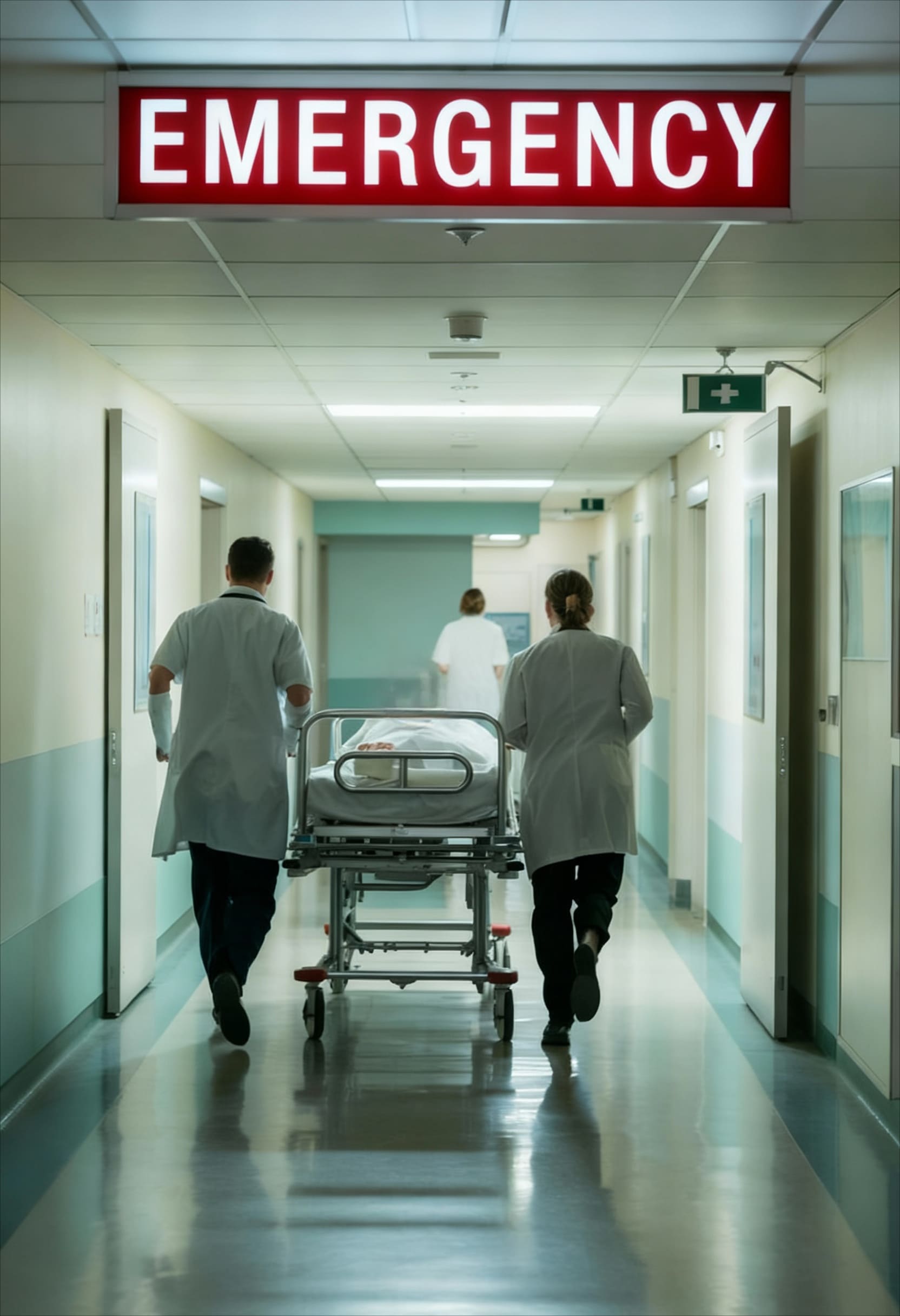 Medical staff rushing with hospital transport stretcher