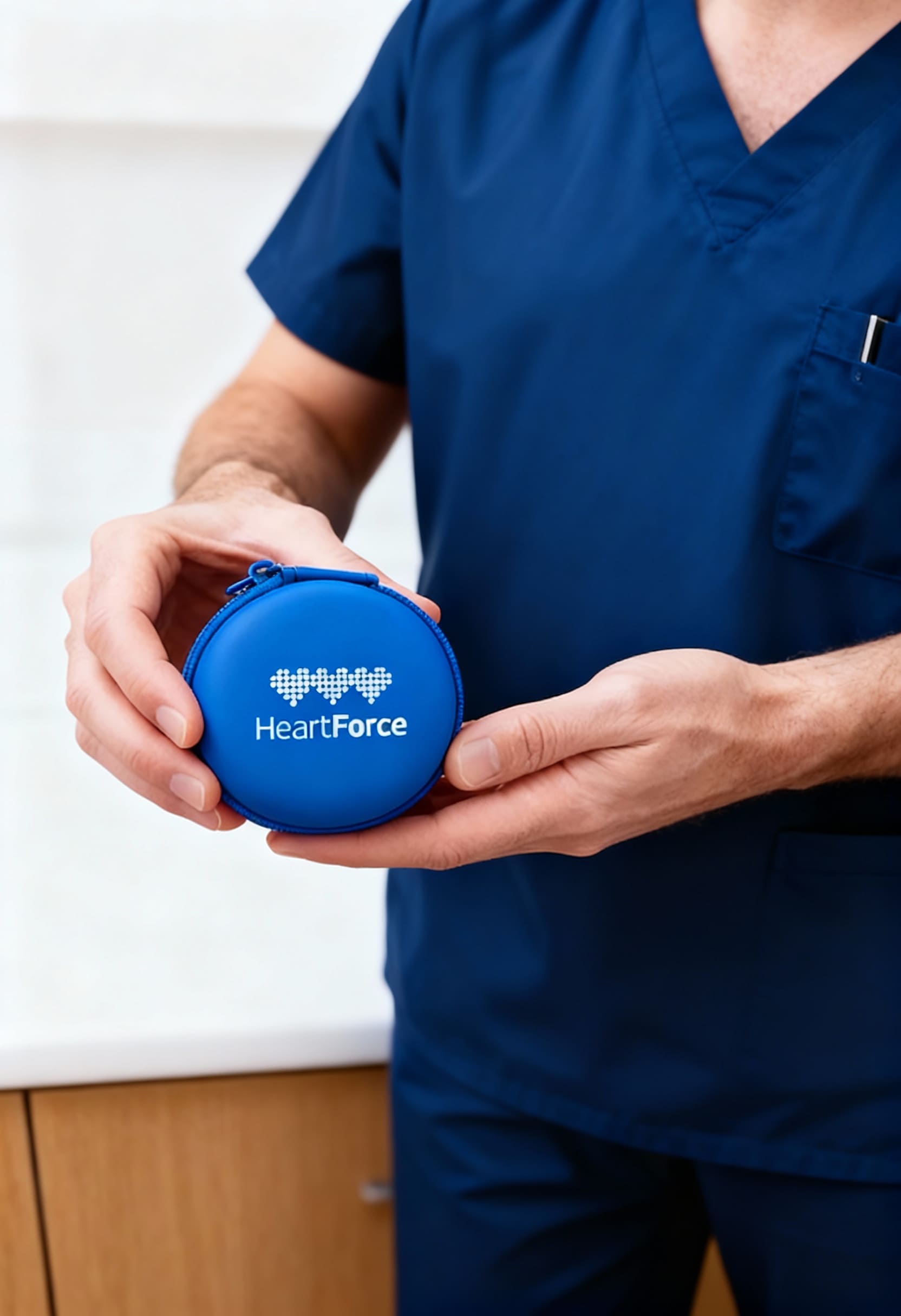 HeartForce blue pouch for CardioClin with healthcare professional
