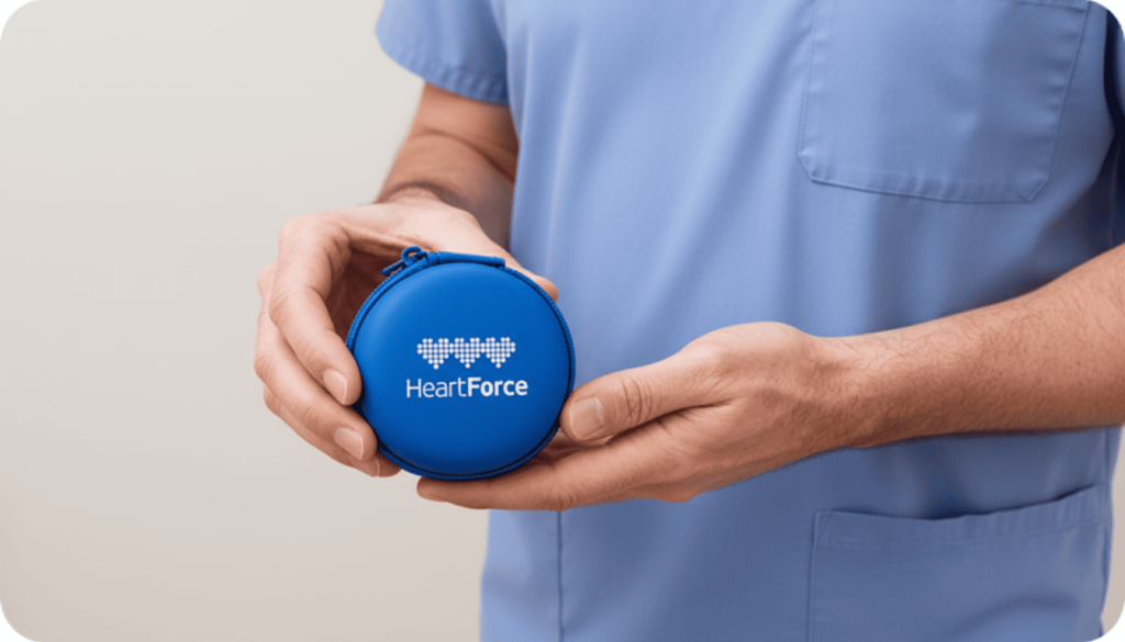 nurse holding CardioClin pouch - HeartForce