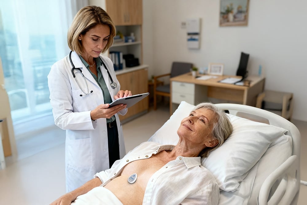 woman laying on bed with HeartForce CAD screening device
